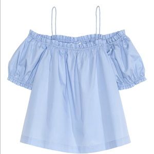 Off the shoulder blue chambray blouse