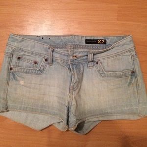 Blue jean shorts with stitching on back pockets