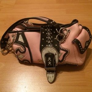 Pink bag with brown, bejeweled leather