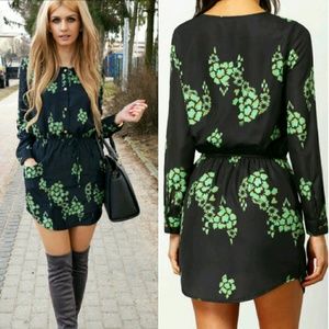 NAVY & GREEN LONG SLEEVE FLORAL POCKET DRESS