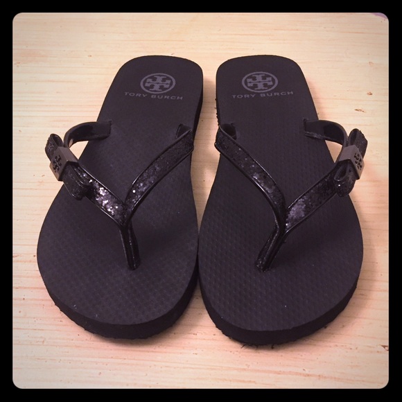 7M Tory Burch black glittery flip flops