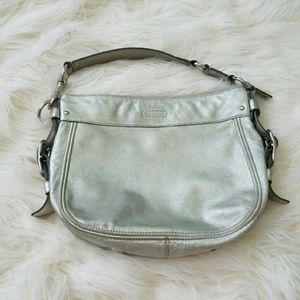 Coach silvery leather tote with buckles