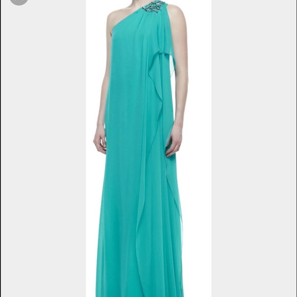 BADGLEY MISCHKA long one sleeved bluish green gown