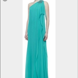 BADGLEY MISCHKA long one sleeved bluish green gown