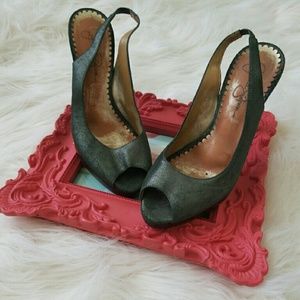 Jessica Simpson metallic green peep toe slingback