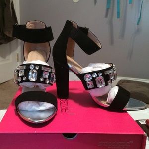 Black suede with gemstone heels