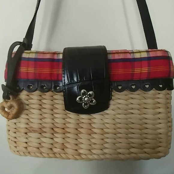 CUTE BRIGHTON WICKER, PLAID AND LEATHER PURSE