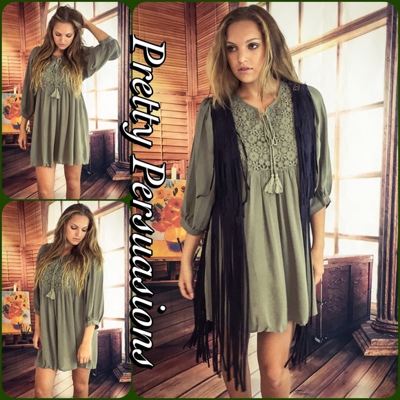 LAST ONE‼️Olive Floral Lace Crochet Contrast Dress - Picture 3 of 4