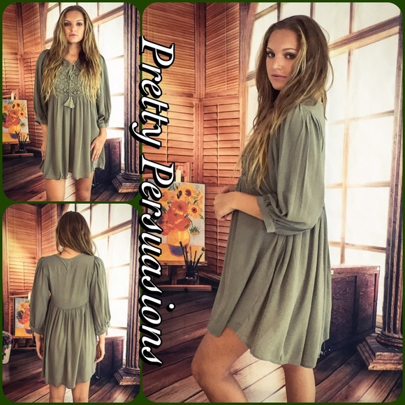 LAST ONE‼️Olive Floral Lace Crochet Contrast Dress - Picture 4 of 4