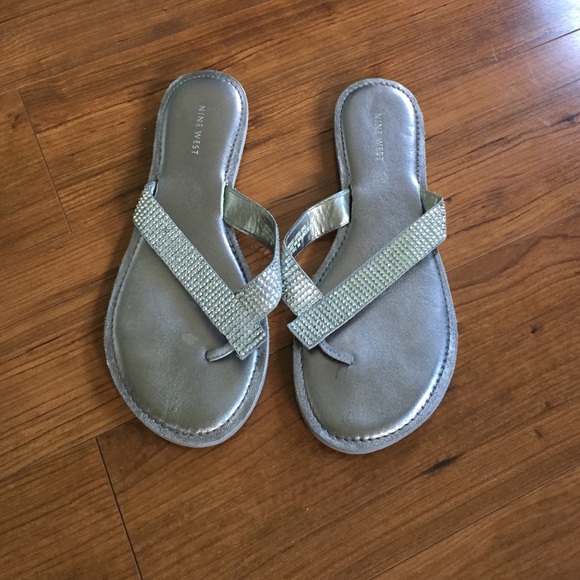 Silver Nine West Rhinestone Flip Flops