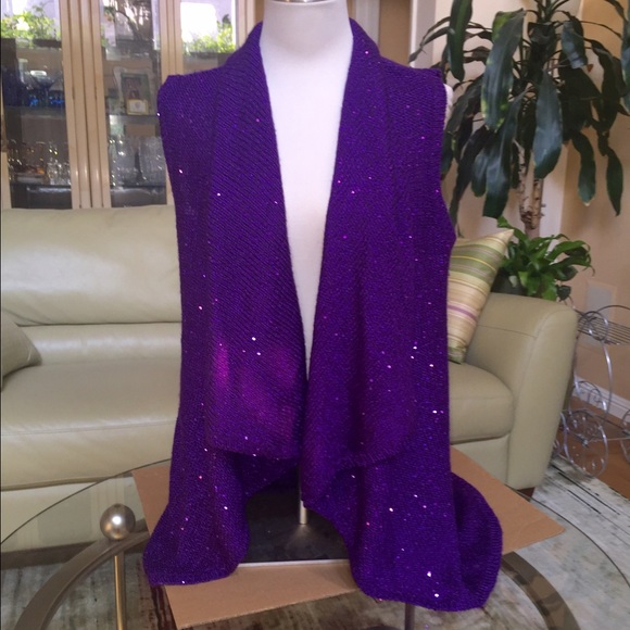 36" long knit Vest. Purple yarn w/ sequins Med