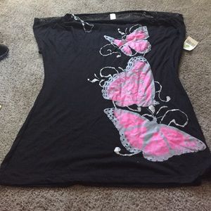 Black pink and silver butterfly shirt