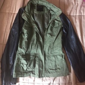 Army jacket with faux leather sleeves