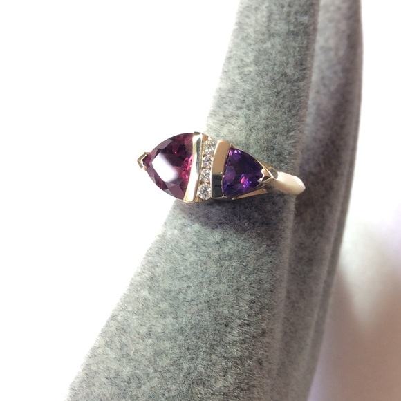 FINAL SALE PRICE 14K YG Rhodolite Garnet, Amethyst & Diamond Ring - Picture 4 of 4
