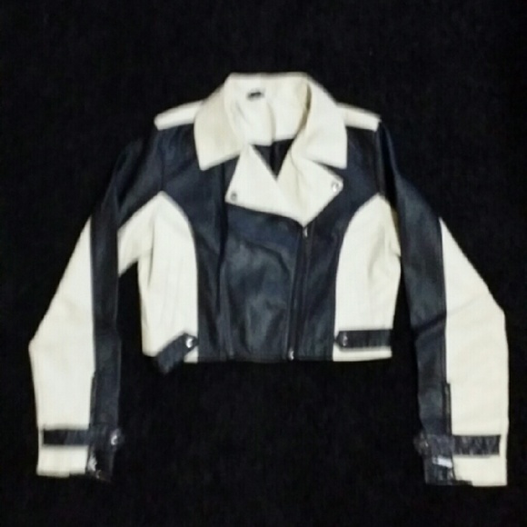 Black and cream crop Real Leather Jacket