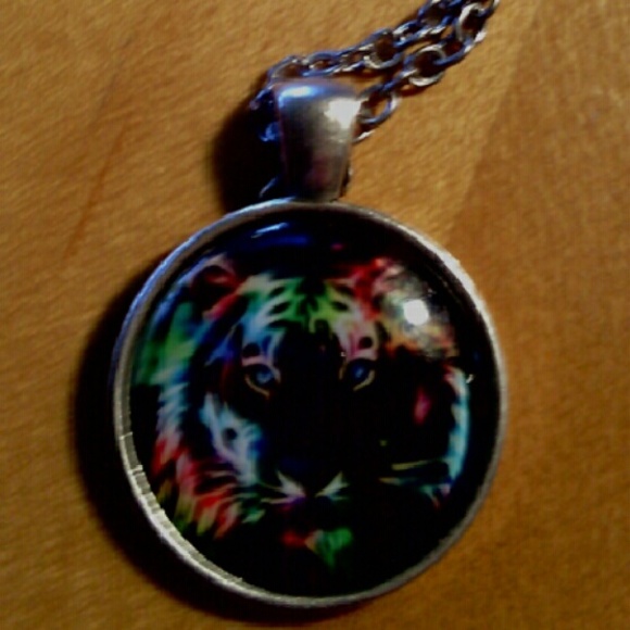 Rainbow Tiger Silver Cabochon Pendant Necklace