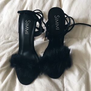 Black tie up heels with fur