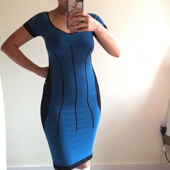 BEBE COLORBLOCK DRESS BLUE AND BLACK - Picture 2 of 4