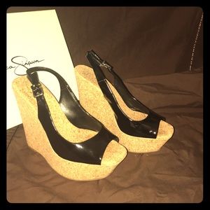 J Simpson Blk patent leather. Cork Wedge Sz8-9.5