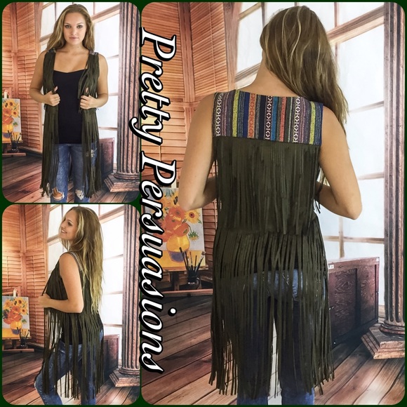 ❤️ SEE NEW LISTING ❤️ Olive Faux Suede Fringe & Embroidered Boho Vest - Picture 2 of 4