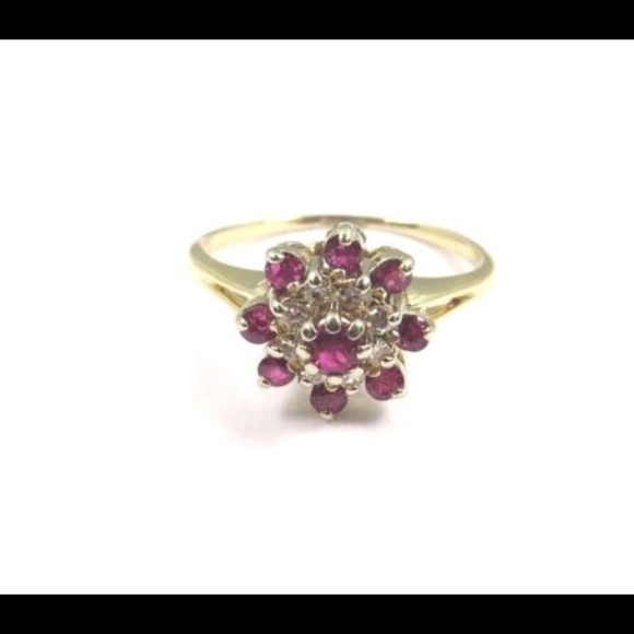14k Yellow Gold Flower Shaped Ruby Cocktail Ring