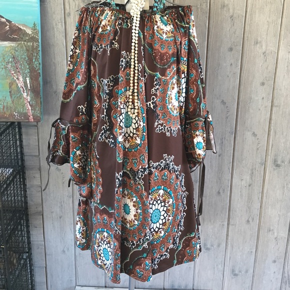Turquoise and brown print tunic top - Picture 2 of 3