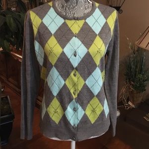 Argyle Cardigan-Green,Blue,Gray-XL-Fancy Buttons