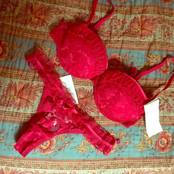 Cherry red, lace bra and panty set