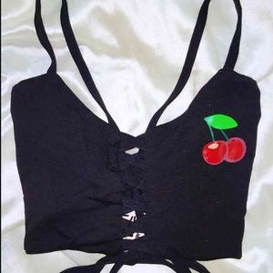 Cherry lace up top in black