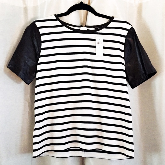 NEW Loft b/w striped shirt with leather sleeves.