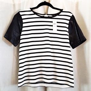 NEW Loft b/w striped shirt with leather sleeves.
