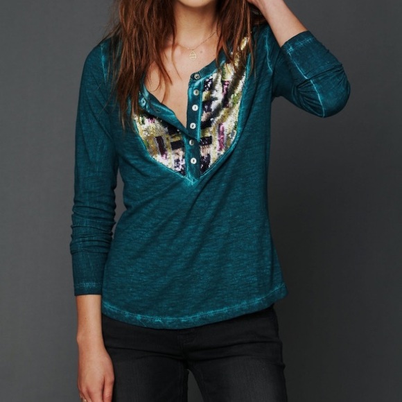 Free People Tops - Free People sequined tiger eyes henley in green