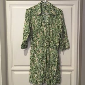 CABI Green Leaf Print faux-wrap dress size small