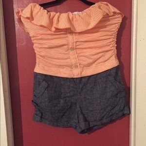 Cute orange, white and Jean short romper
