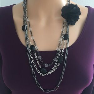 Black & Silver multistrand necklace w/black flower