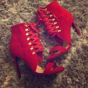 Bright Red Open toe lace up sandal bootie.