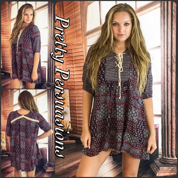 CLEARANCE‼️ Printed Lace Up Boho Mini Dress Tunic - Picture 2 of 4