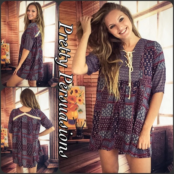 CLEARANCE‼️ Printed Lace Up Boho Mini Dress Tunic - Picture 3 of 4