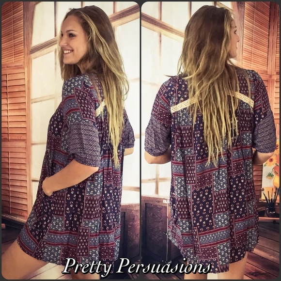 CLEARANCE‼️ Printed Lace Up Boho Mini Dress Tunic - Picture 4 of 4