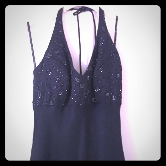 Navy Blue full length halter dress with sequins