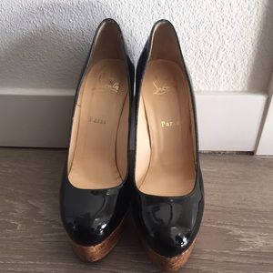 Christian Louboutin Black & Cork Patent Wedges