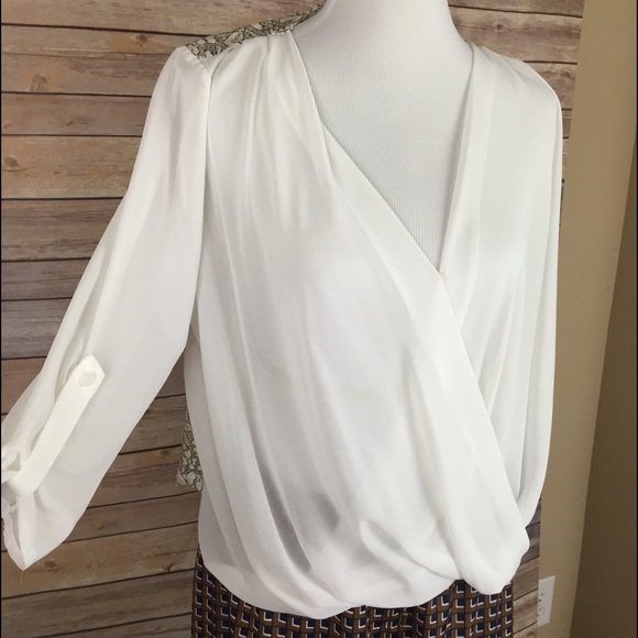 BCX Off-White Sheer and Lace Quarter Sleeve Blouse - Picture 1 of 4