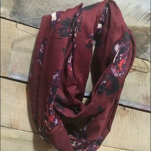 Burgundy floral infinity scarf.