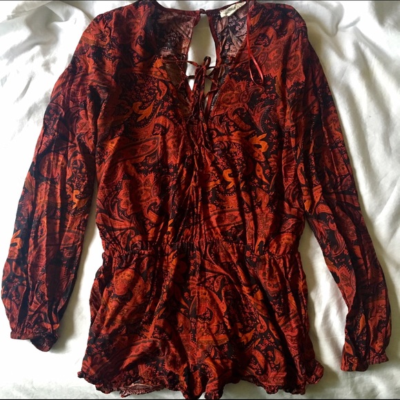 Long Sleeve Red and Black Paisley Romper