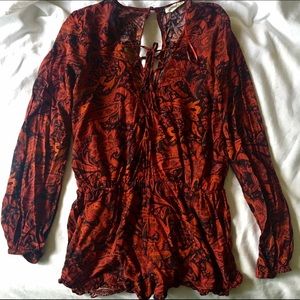 Long Sleeve Red and Black Paisley Romper