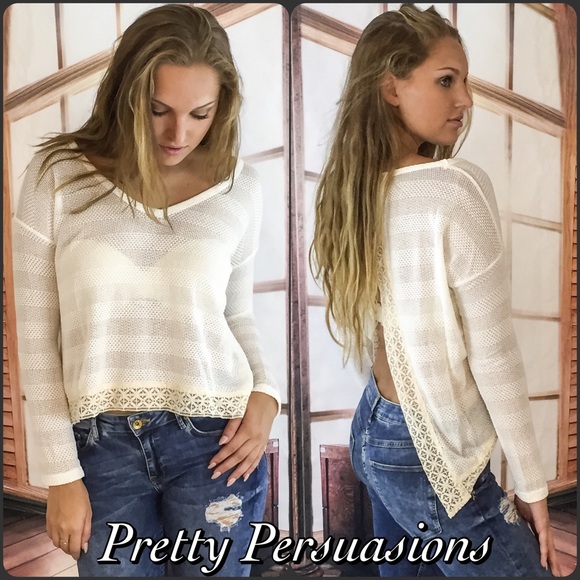 SOLD OUT NWT Cream Lace Trim Split Back Sweater - Picture 2 of 3