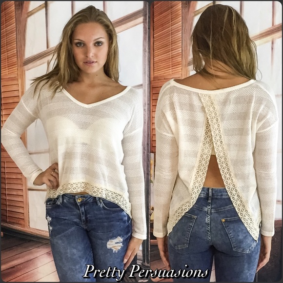 SOLD OUT NWT Cream Lace Trim Split Back Sweater - Picture 3 of 3