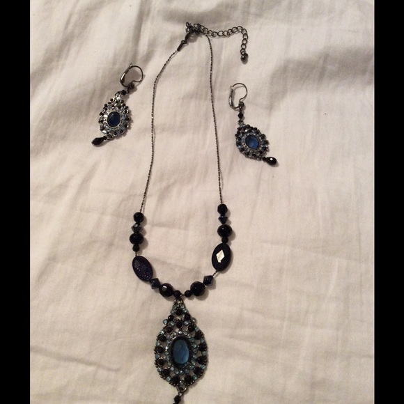 Matching navy blue and black necklace and earrings
