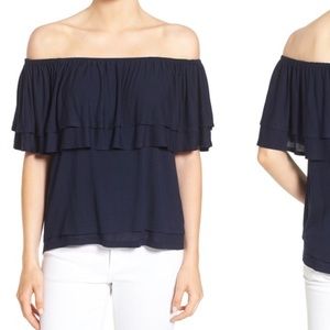 Women's Blue 'DEV' Ruffle Off The Shoulder Top