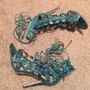 Turquoise strap up heels